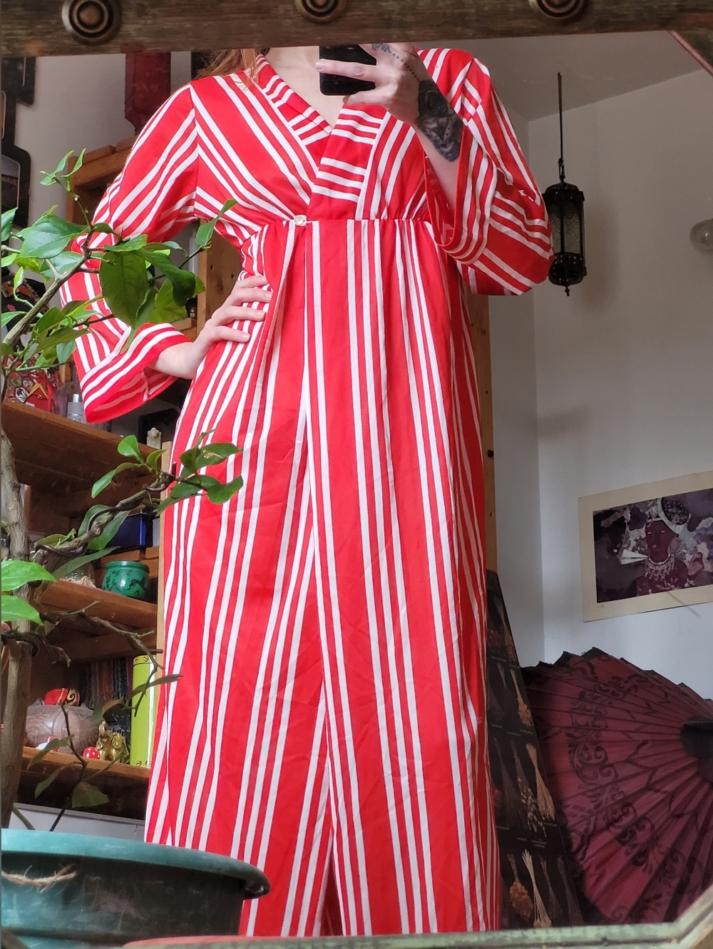 Sears Vintage Retro Red and White Striped Long Wrap Dress/Robe - Size S - Picture 6 of 6